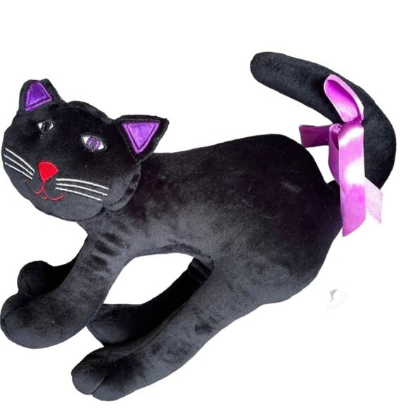 Vintage Black Cat Plush Purple Eyes Ears Pillow Stuffed Toy 1990s Halloween - Picture 4 of 16